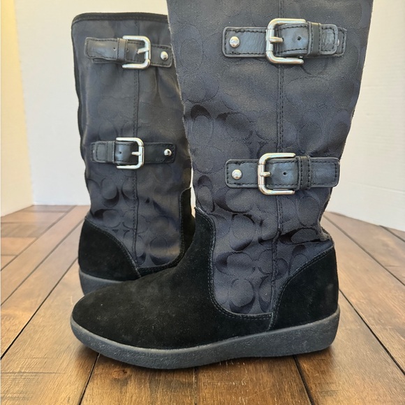 Coach Tinah Black Signature Suede Double Buckle Mid-calf Boots in size 5.5 - Picture 1 of 6